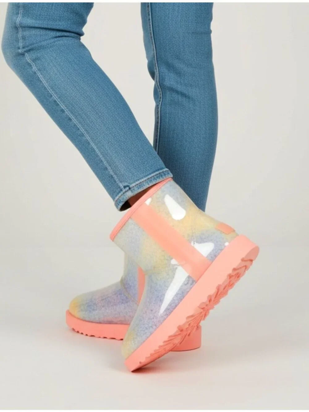 Rainbow Gradient Womens Ankle Boots With Transparent Glossy Outer Layer & Pink S